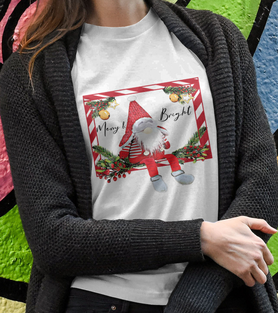 Merry And Bright Gnome Candy Cane Christmas Holiday T-Shirt