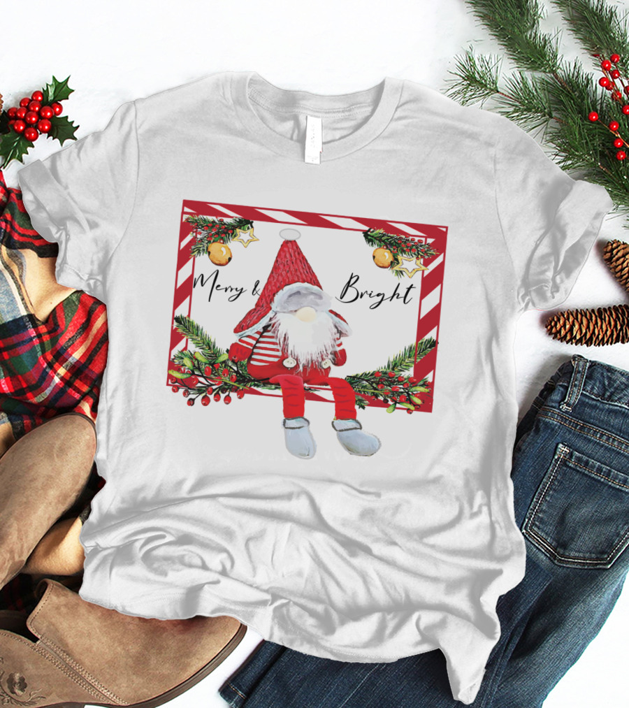 Merry And Bright Gnome Candy Cane Christmas Holiday T-Shirt