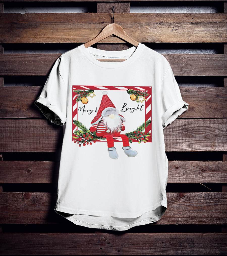 Merry And Bright Gnome Candy Cane Christmas Holiday T-Shirt