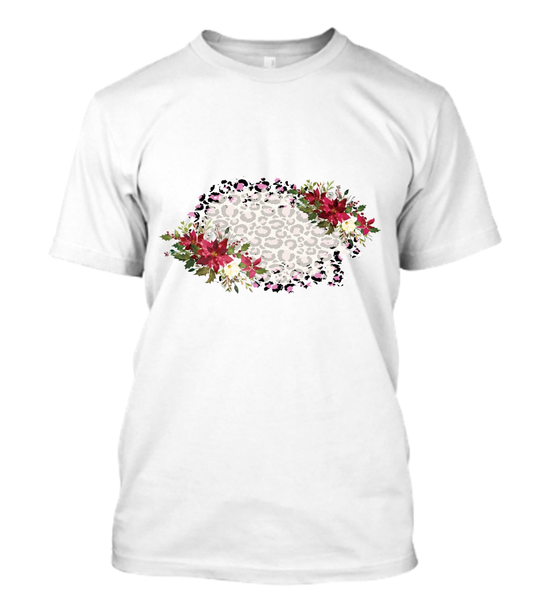 Leopard Print With Floral Poinsettia Border T-Shirt