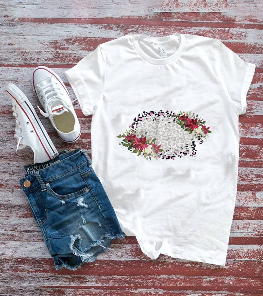 Leopard Print With Floral Poinsettia Border T-Shirt
