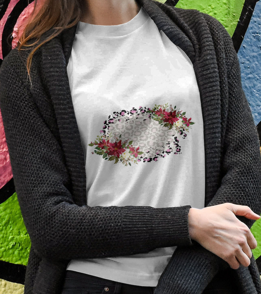 Leopard Print With Floral Poinsettia Border T-Shirt