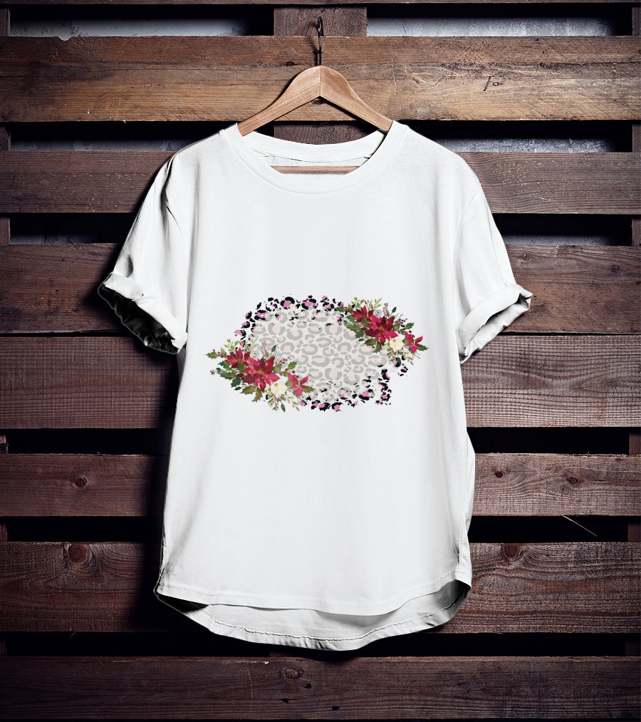 Leopard Print With Floral Poinsettia Border T-Shirt
