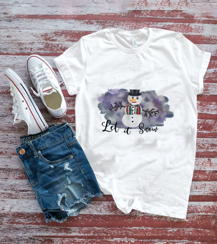 Let It Snow Hand Drawn Snowman Plaid Scarf Top Hat T-Shirt