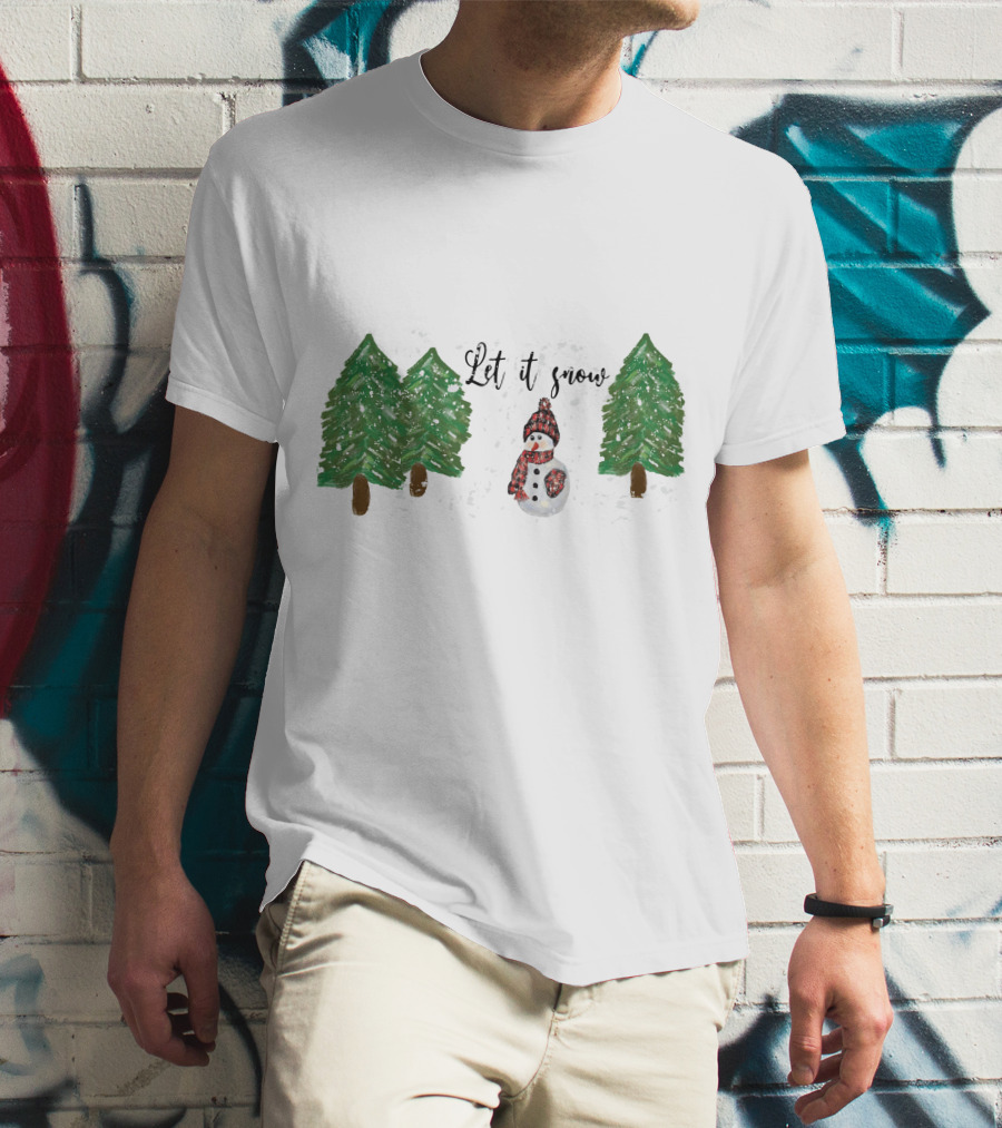 Let It Snow Watercolor Snowman And Pine Trees T-Shirt