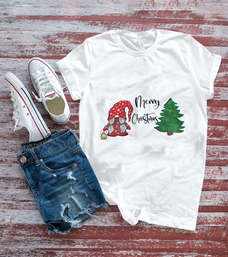 Merry Christmas Gnome With Lantern And Pine Tree T-Shirt