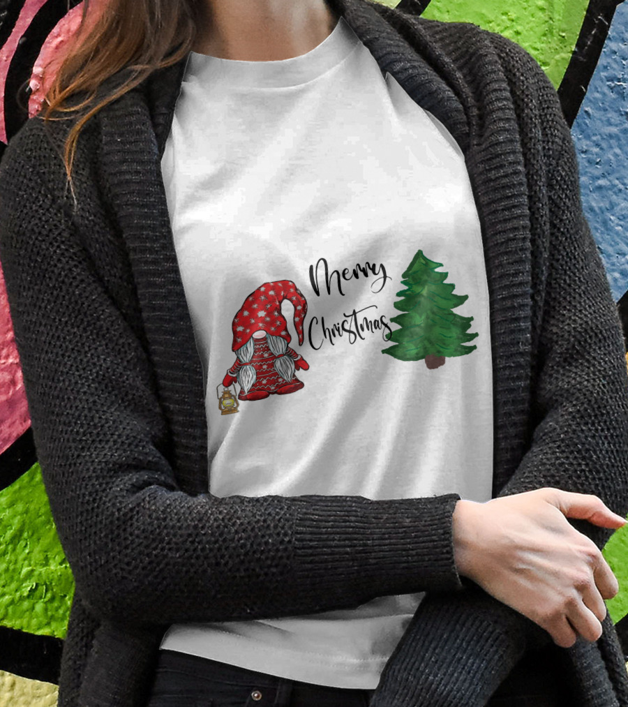 Merry Christmas Gnome With Lantern And Pine Tree T-Shirt
