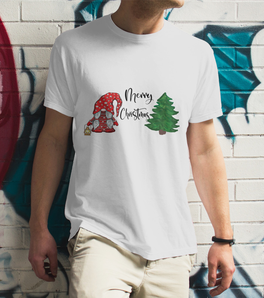Merry Christmas Gnome With Lantern And Pine Tree T-Shirt