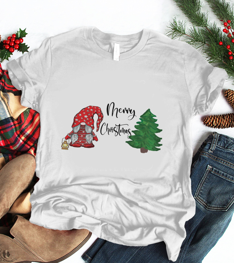 Merry Christmas Gnome With Lantern And Pine Tree T-Shirt