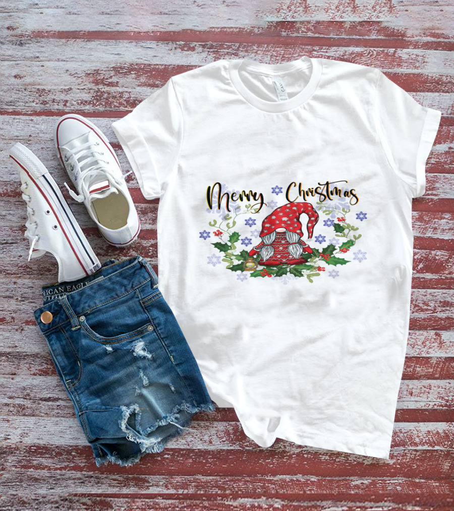 Merry Christmas Gnome With Snowflakes Holly And Lantern T-Shirt