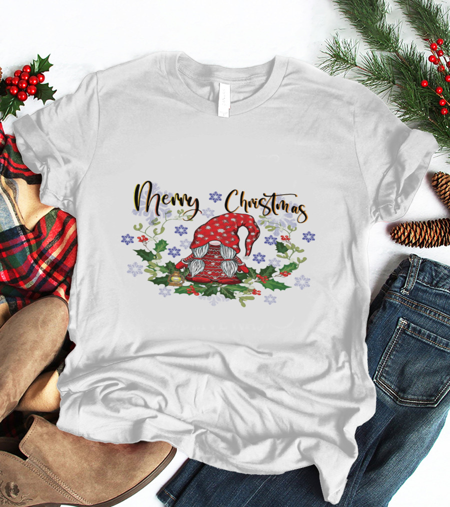 Merry Christmas Gnome With Snowflakes Holly And Lantern T-Shirt