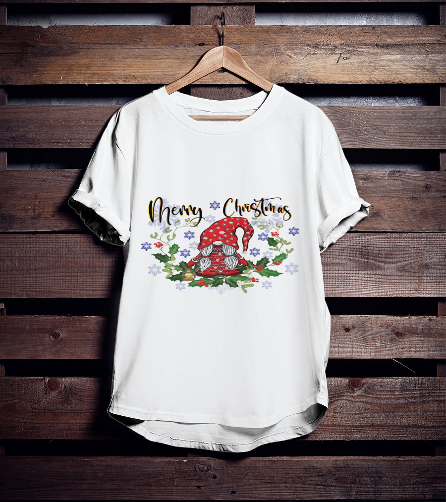 Merry Christmas Gnome With Snowflakes Holly And Lantern T-Shirt