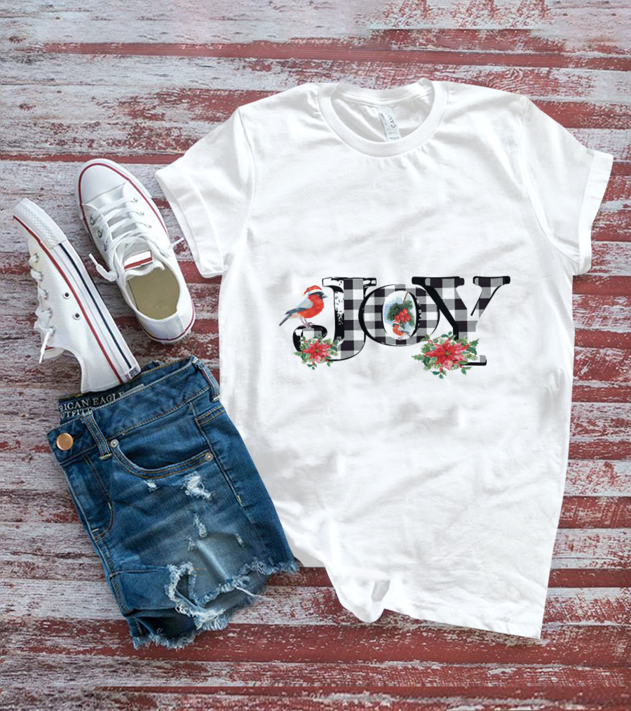 Plaid Joy Cardinal Poinsettia Christmas T-Shirt