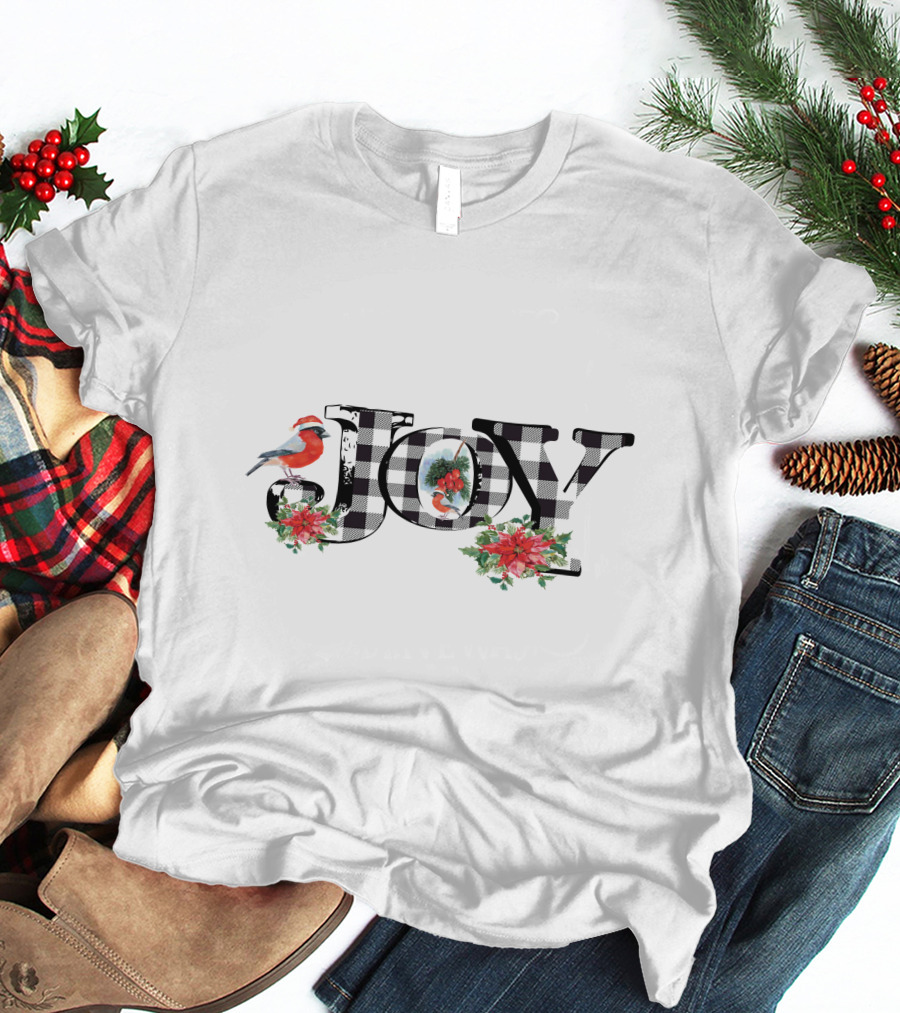 Plaid Joy Cardinal Poinsettia Christmas T-Shirt