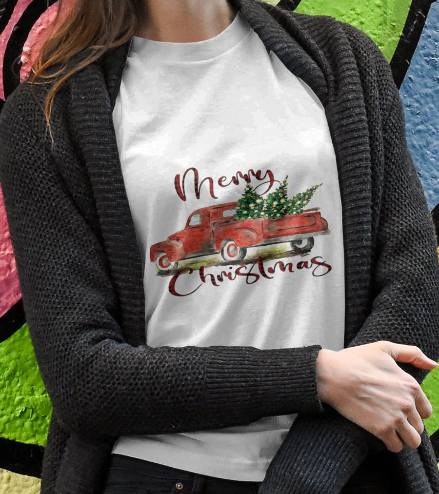 Merry Christmas Red Truck With Festive Tree T-Shirt