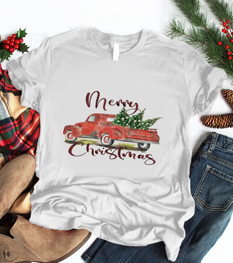 Merry Christmas Red Truck With Festive Tree T-Shirt