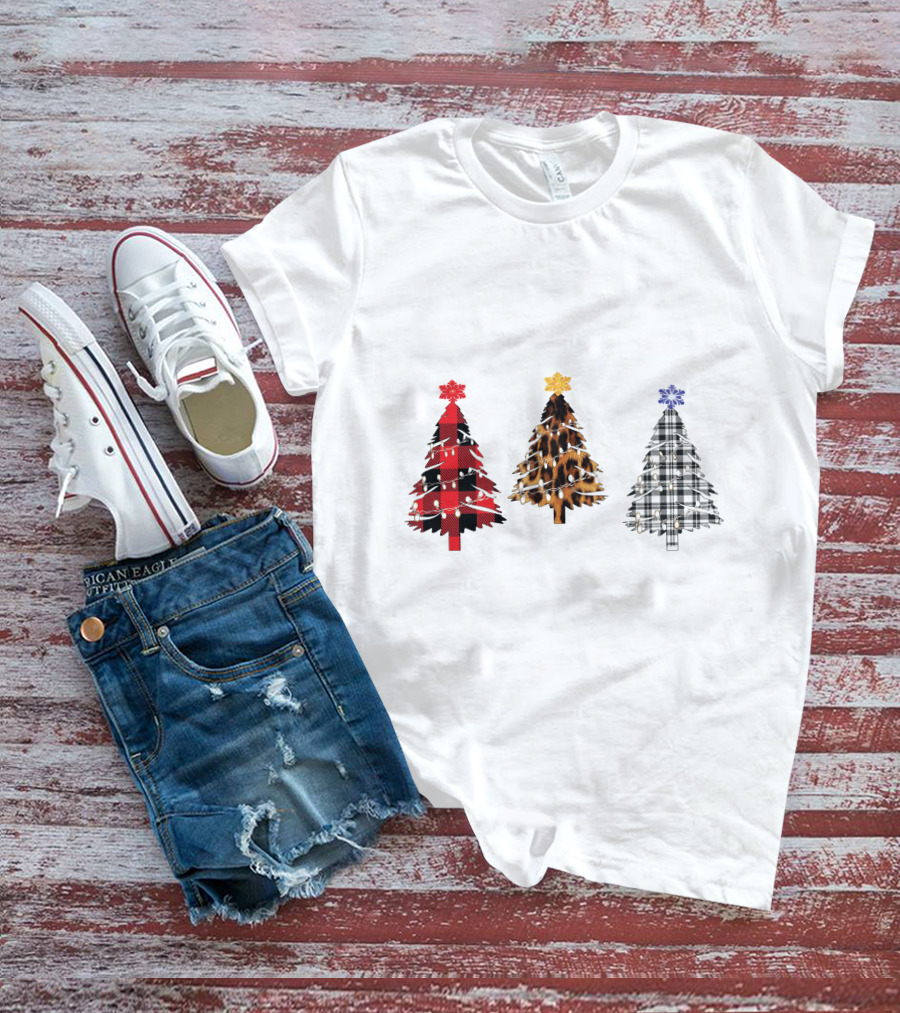 Buffalo Plaid Leopard Tartan Christmas Trees T-Shirt