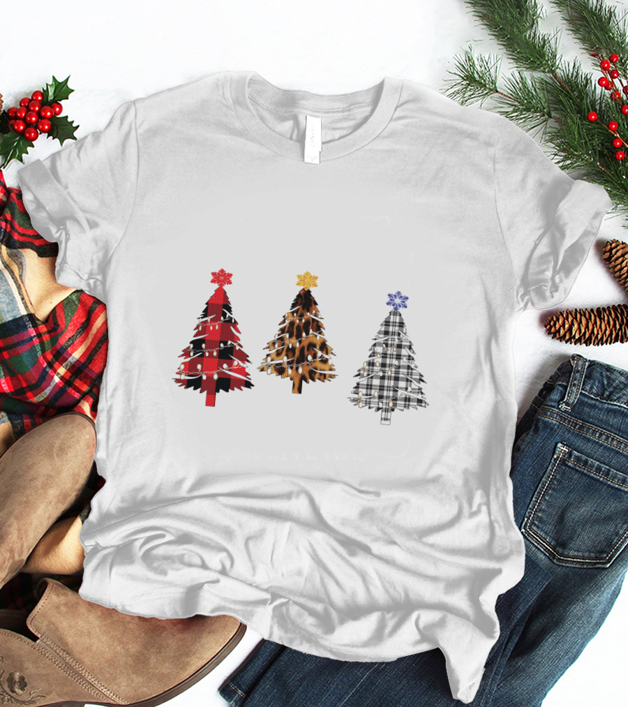 Buffalo Plaid Leopard Tartan Christmas Trees T-Shirt