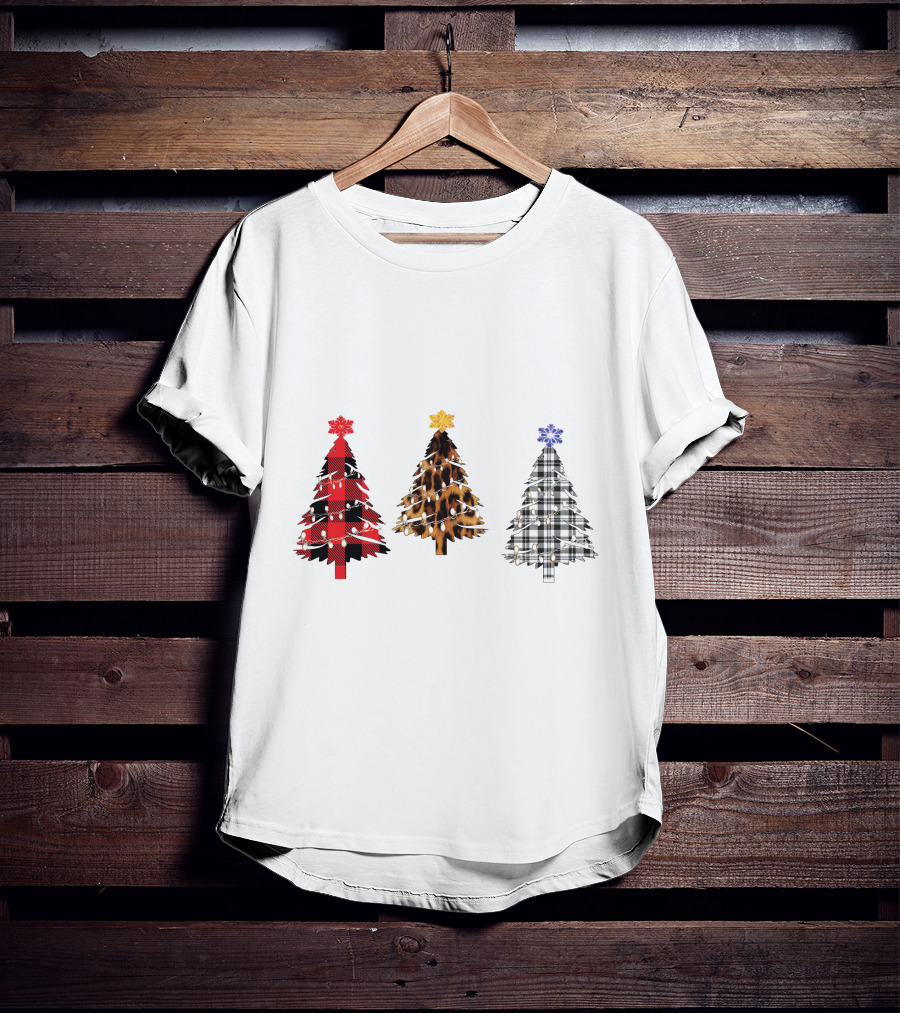Buffalo Plaid Leopard Tartan Christmas Trees T-Shirt