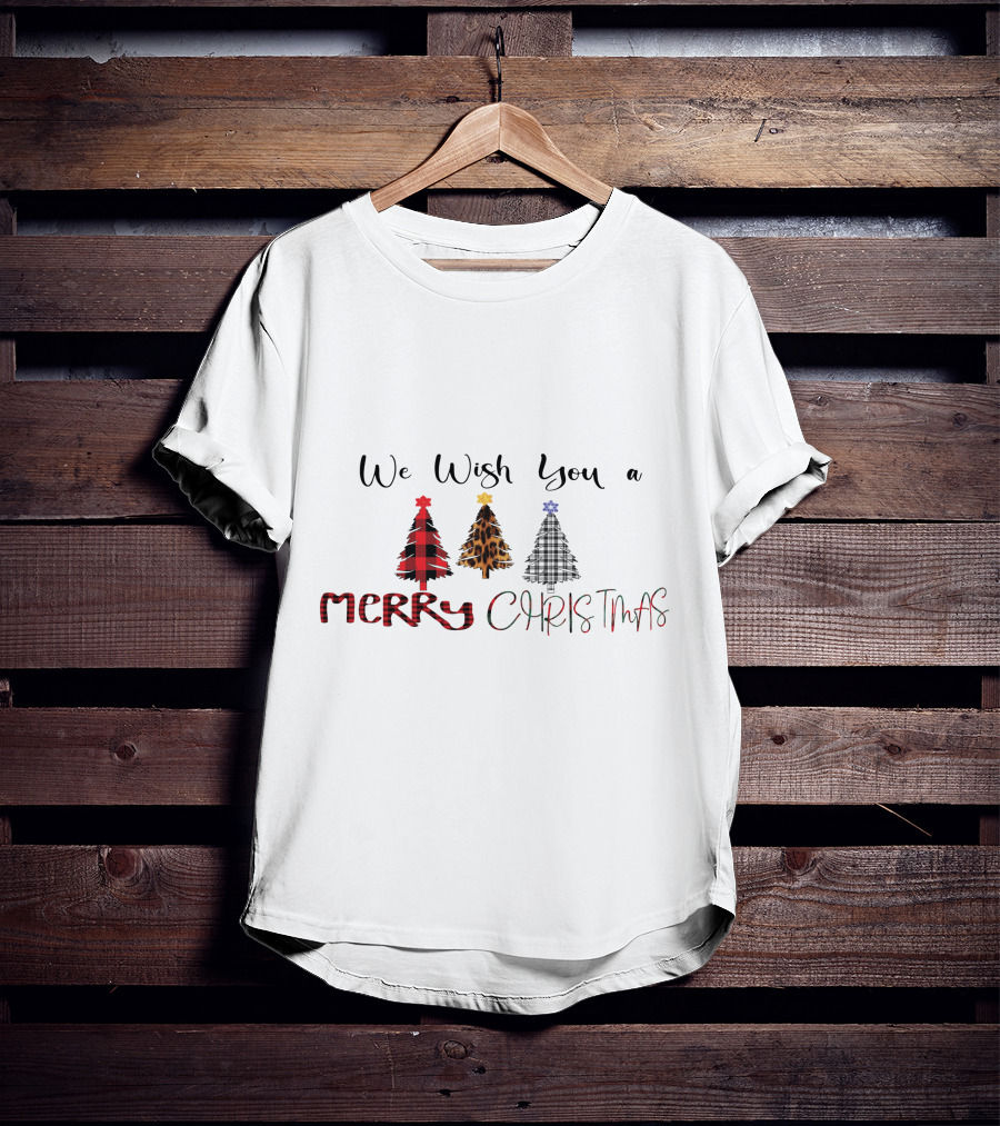We Wish You A Merry Christmas Trees Plaid Leopard T-Shirt