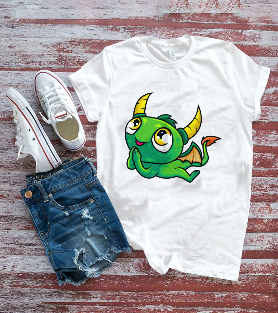 Cute Green Dragon Kawaii Cartoon Character With Horns And Wings T-Shirt