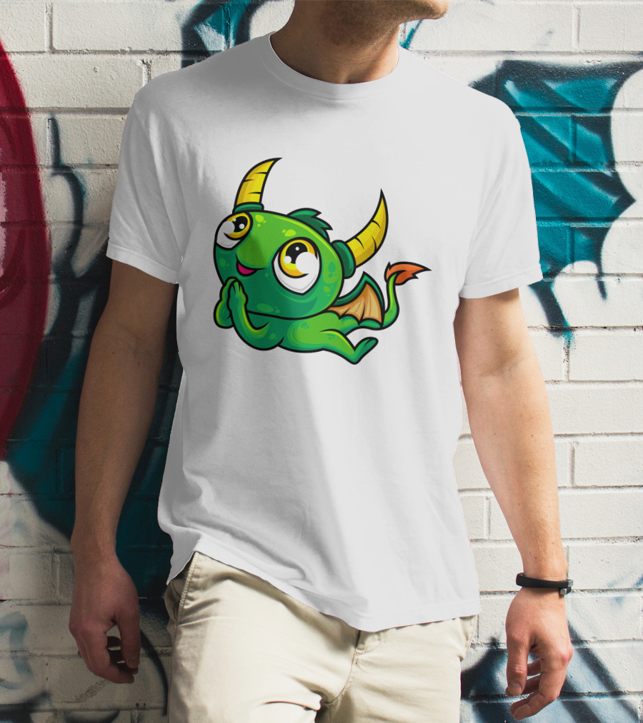 Cute Green Dragon Kawaii Cartoon Character With Horns And Wings T-Shirt
