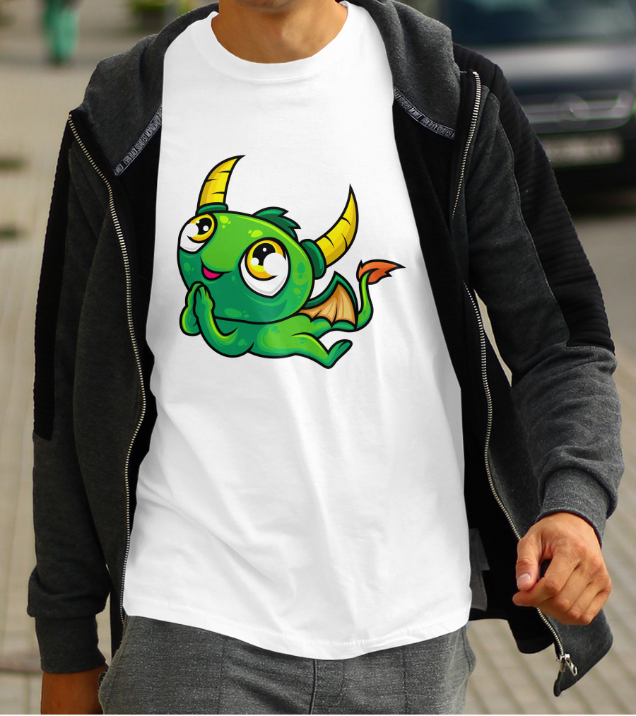 Cute Green Dragon Kawaii Cartoon Character With Horns And Wings T-Shirt
