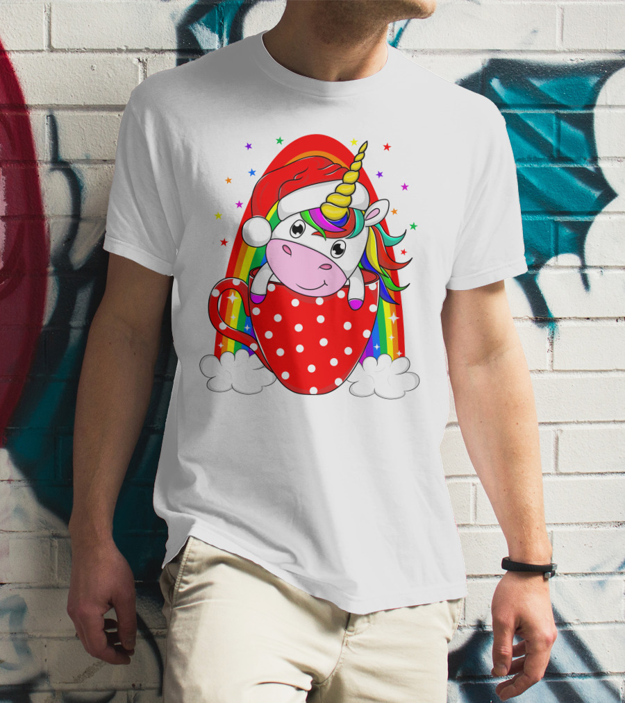 Unicorn In Santa Hat With Rainbow And Red Polka Dot Cup T-Shirt