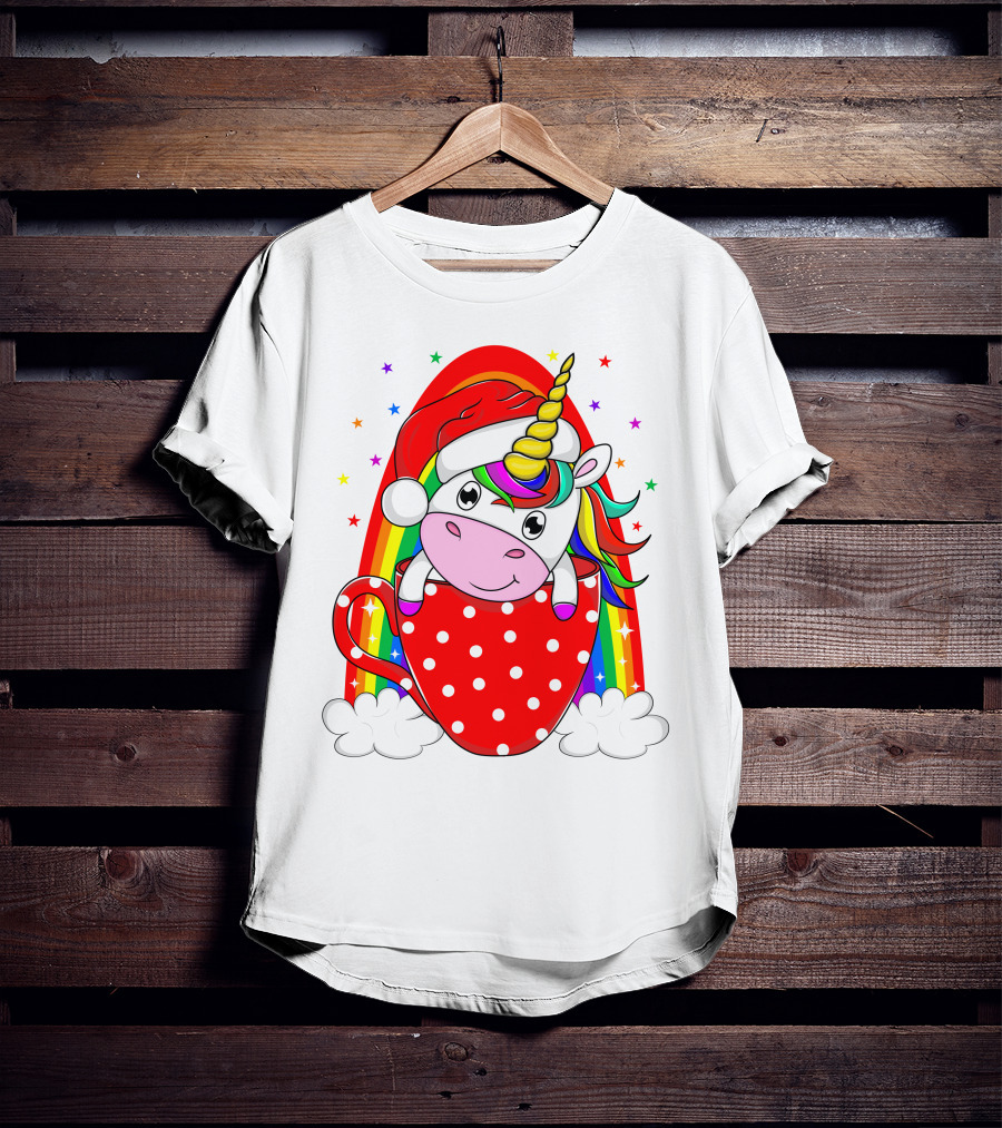 Unicorn In Santa Hat With Rainbow And Red Polka Dot Cup T-Shirt