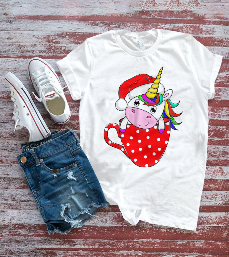 Santa Hat Unicorn In Polka Dot Red Cup T-Shirt