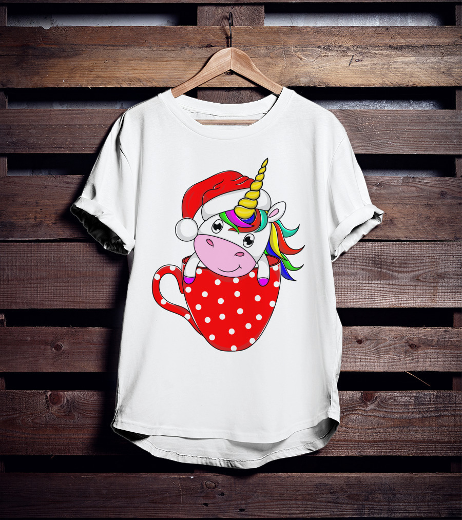 Santa Hat Unicorn In Polka Dot Red Cup T-Shirt