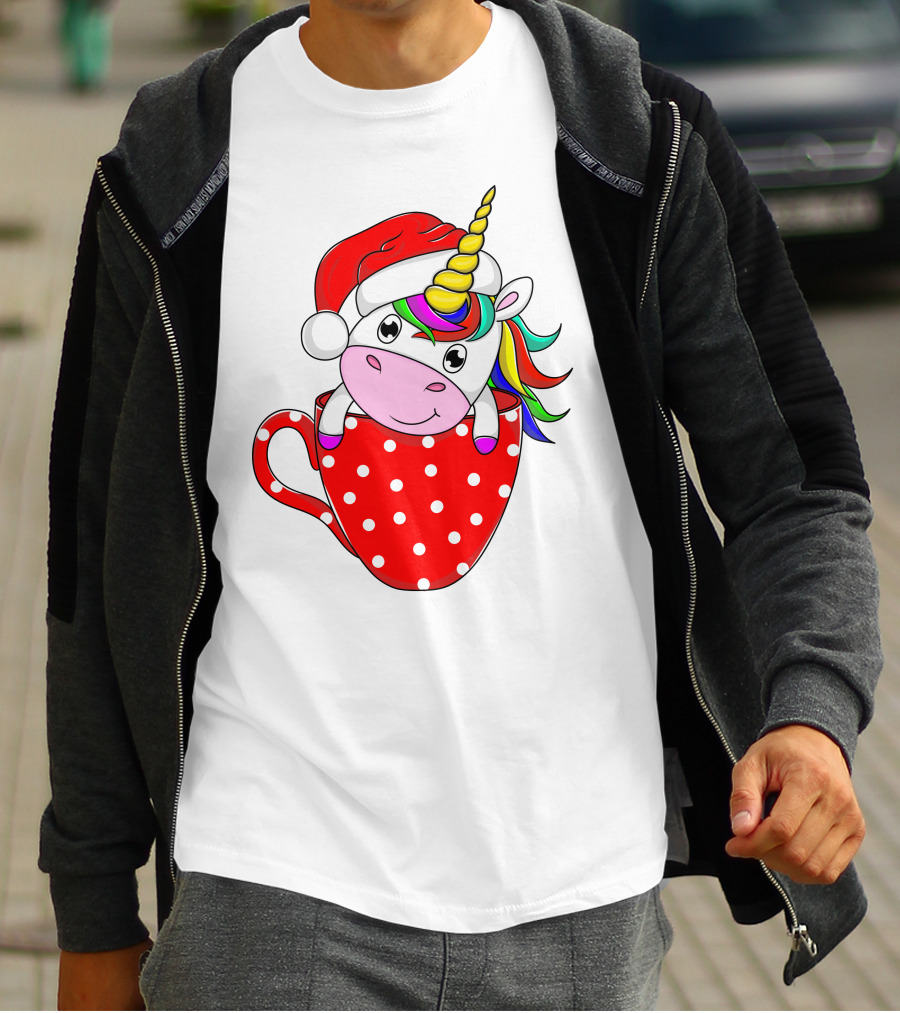 Santa Hat Unicorn In Polka Dot Red Cup T-Shirt