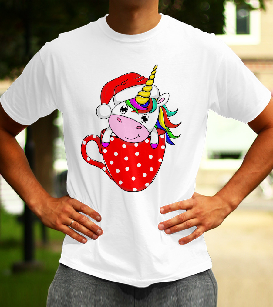 Santa Hat Unicorn In Polka Dot Red Cup T-Shirt