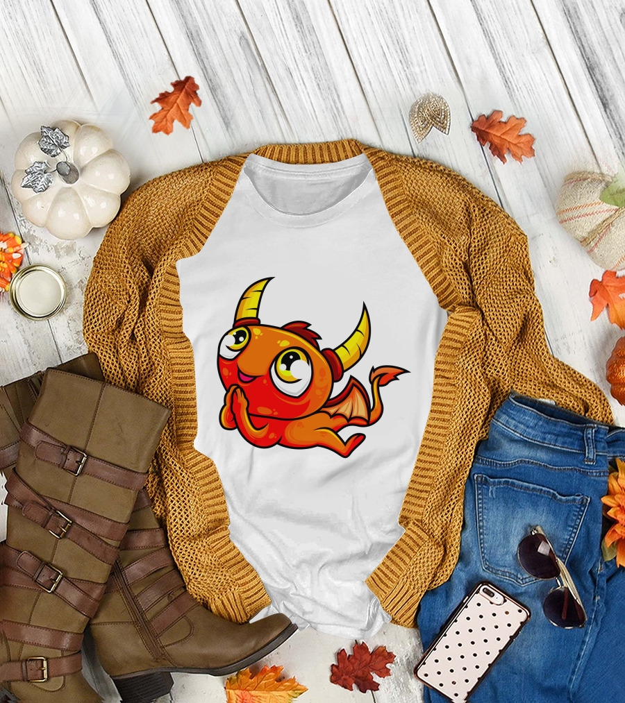 Orange Dragon Cute Cartoon Character With Horns And Wings T-Shirt