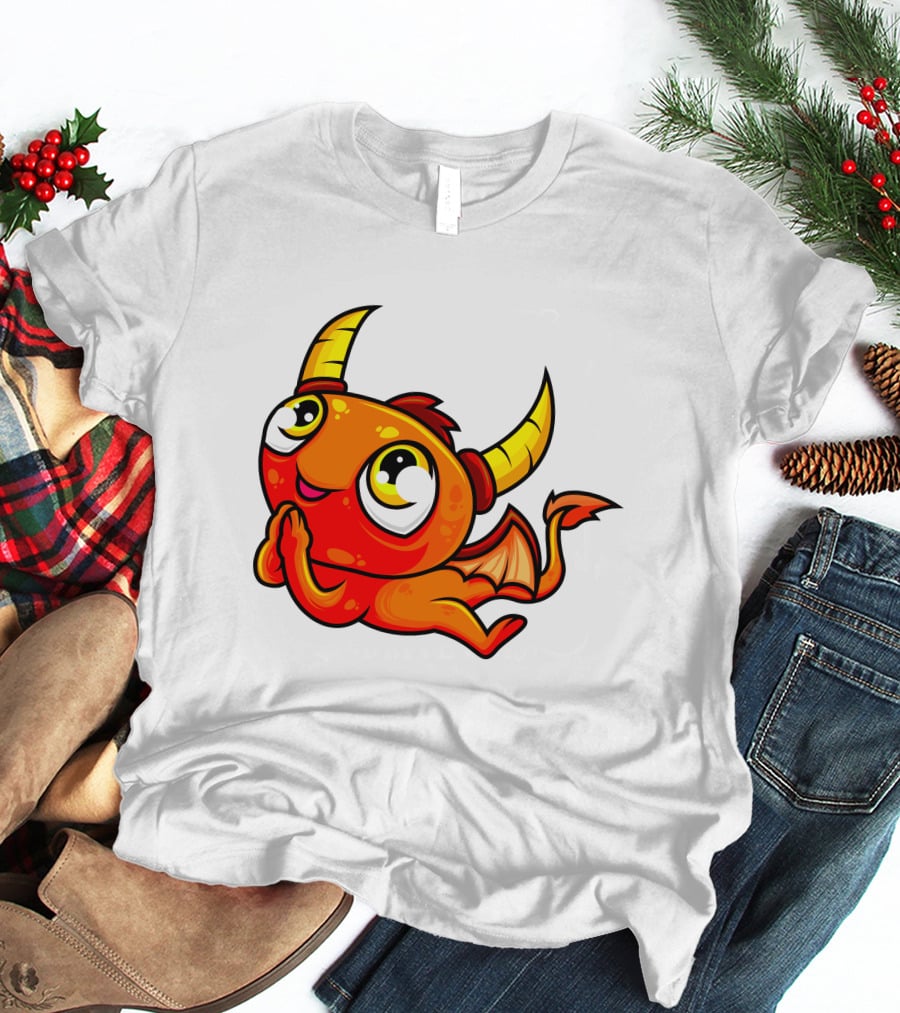 Orange Dragon Cute Cartoon Character With Horns And Wings T-Shirt