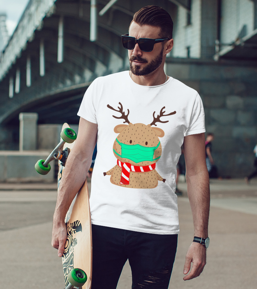 Reindeer Wearing Green Face Mask And Red White Scarf T-Shirt
