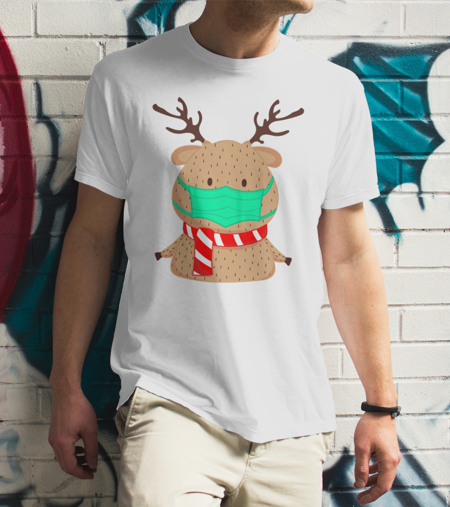 Reindeer Wearing Green Face Mask And Red White Scarf T-Shirt
