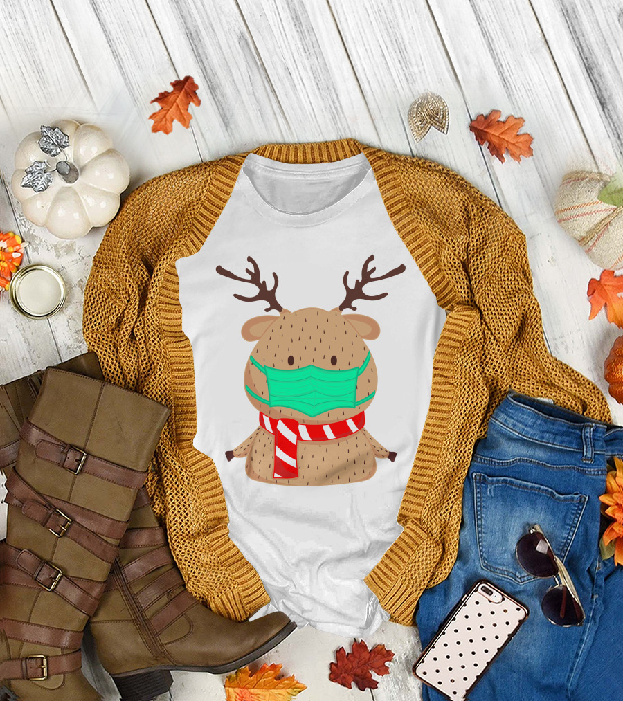 Reindeer Wearing Green Face Mask And Red White Scarf T-Shirt