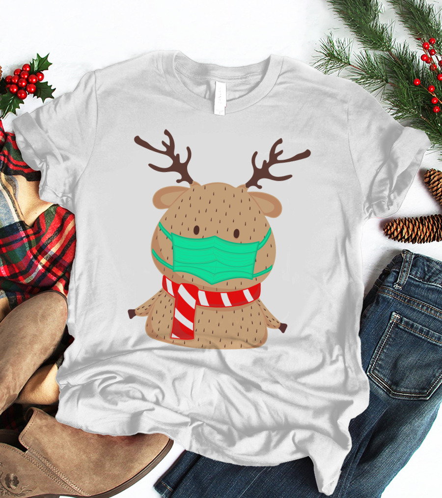 Reindeer Wearing Green Face Mask And Red White Scarf T-Shirt