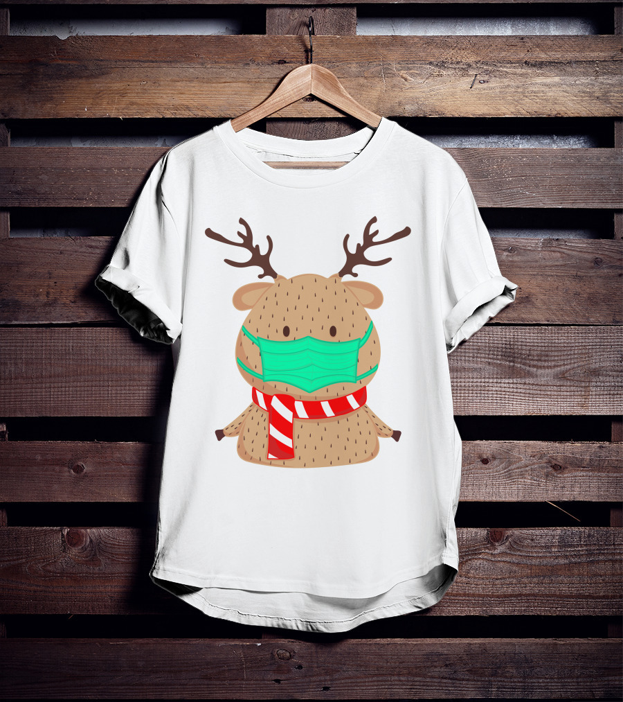 Reindeer Wearing Green Face Mask And Red White Scarf T-Shirt