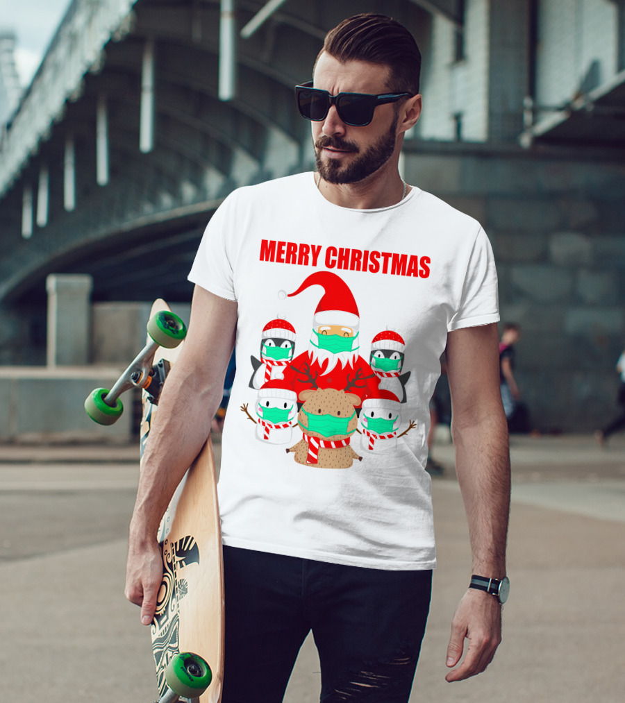 Merry Christmas Santa Deer Penguin Social Distance T-Shirt
