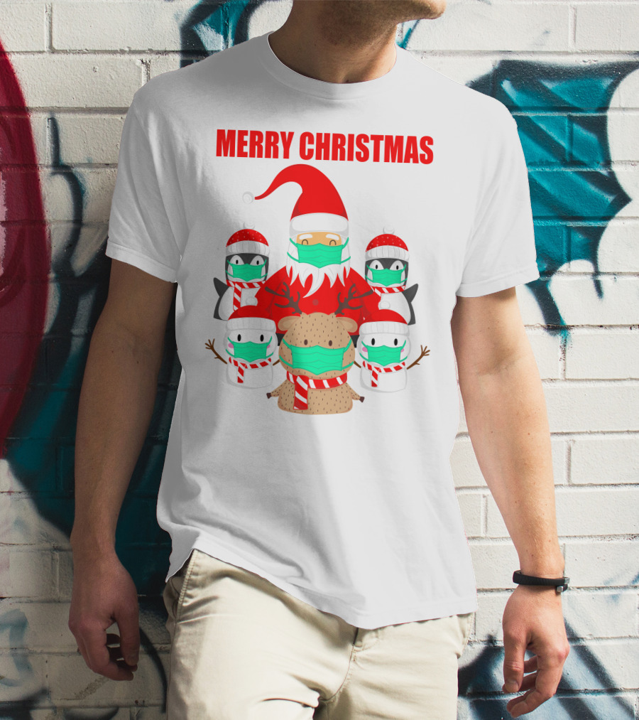 Merry Christmas Santa Deer Penguin Social Distance T-Shirt
