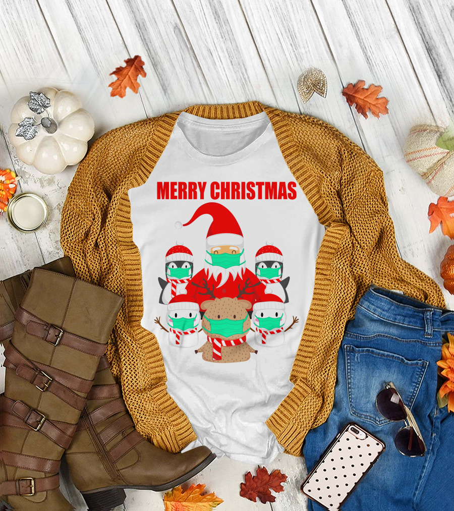 Merry Christmas Santa Deer Penguin Social Distance T-Shirt