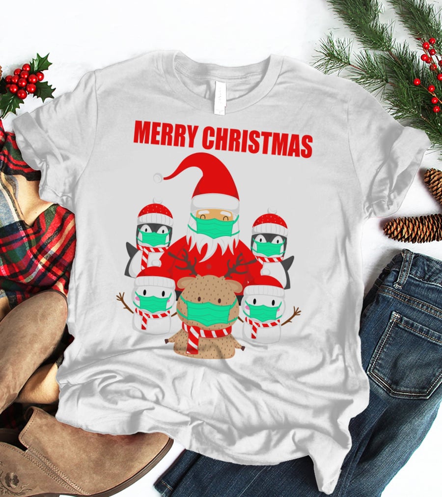 Merry Christmas Santa Deer Penguin Social Distance T-Shirt