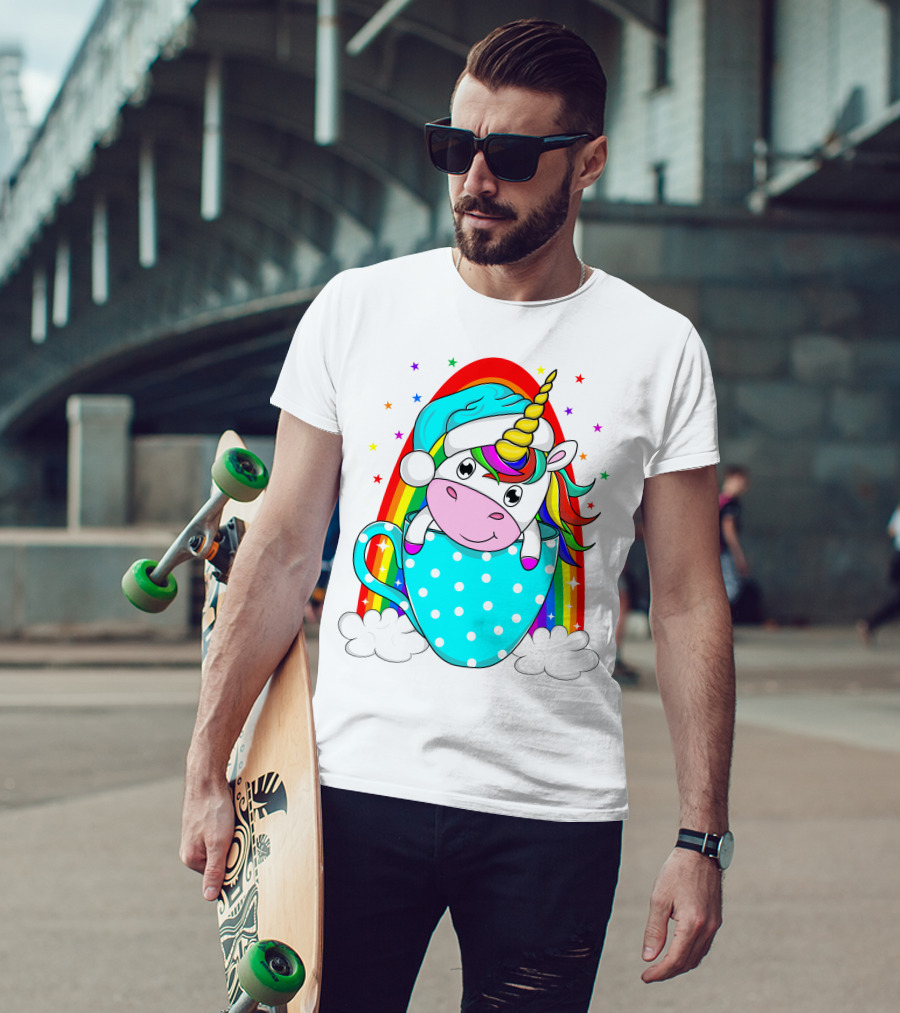 Unicorn In Polka Dot Blue Cup With Rainbow And Stars T-Shirt