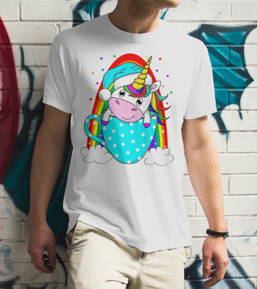 Unicorn In Polka Dot Blue Cup With Rainbow And Stars T-Shirt