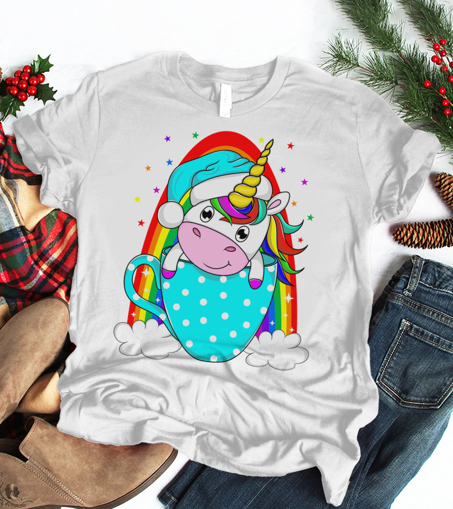 Unicorn In Polka Dot Blue Cup With Rainbow And Stars T-Shirt