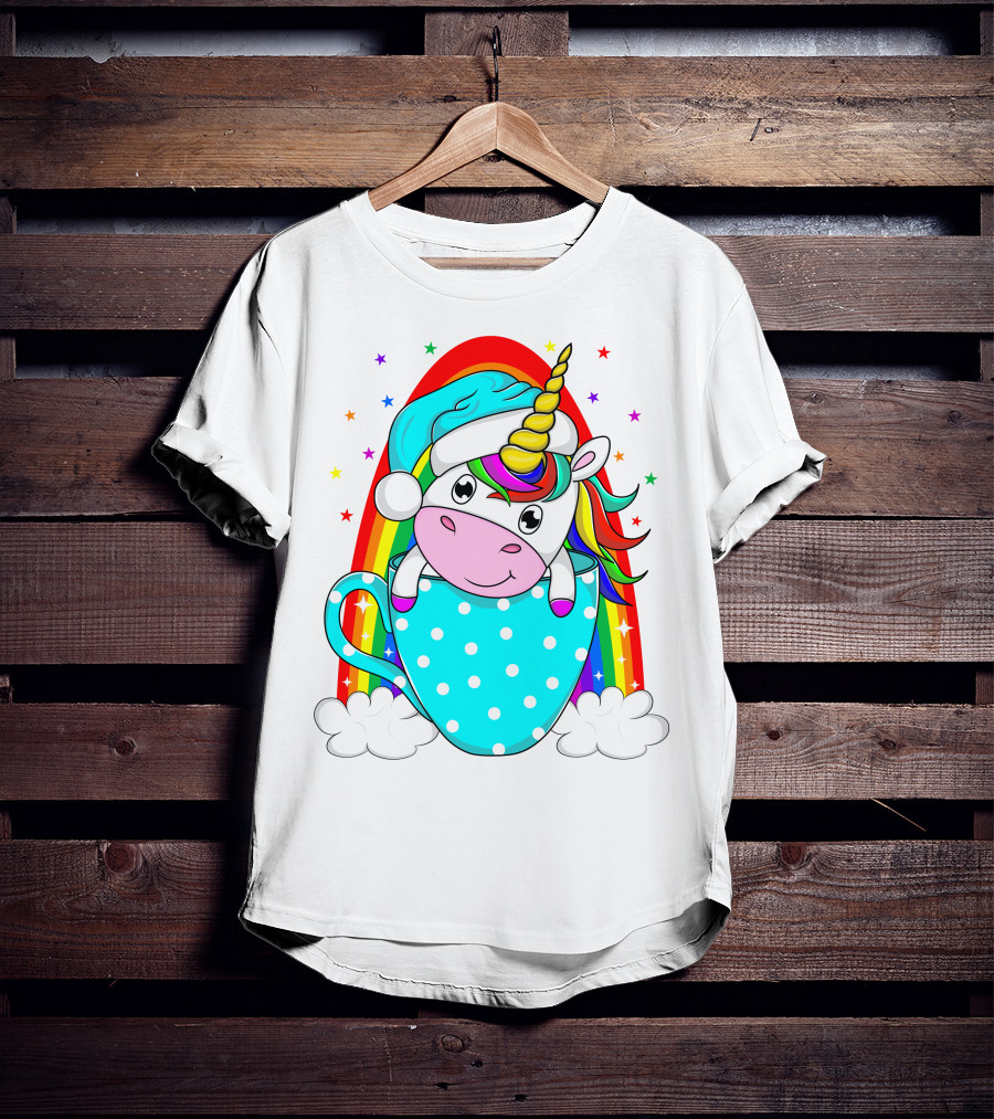 Unicorn In Polka Dot Blue Cup With Rainbow And Stars T-Shirt