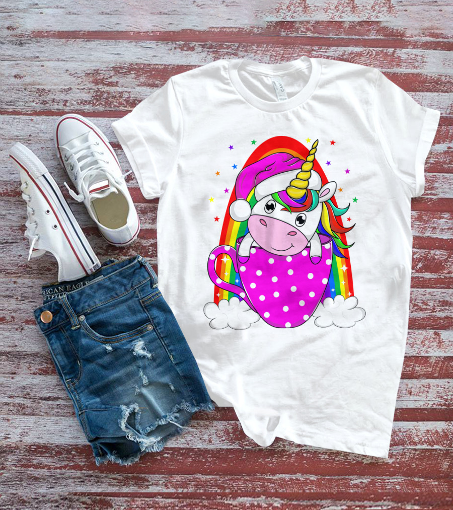 Unicorn Rainbow Santa In Pink Polka Dot Cup T-Shirt