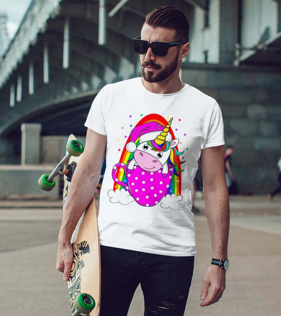 Unicorn Rainbow Santa In Pink Polka Dot Cup T-Shirt